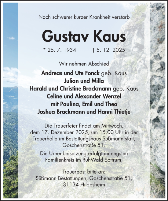 Traueranzeige von Gustav Kaus von Hildesheimer Allgemeine Zeitung