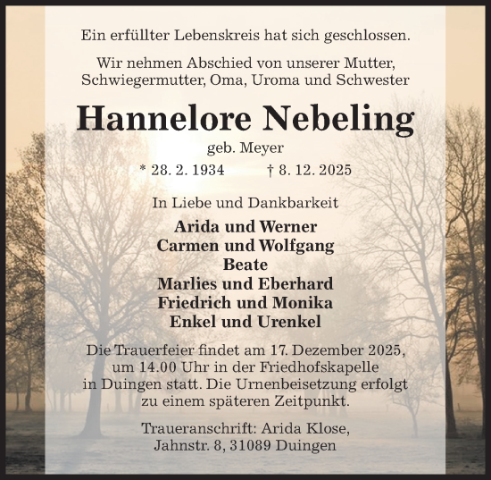 Traueranzeige von Hannelore Nebeling von Hildesheimer Allgemeine Zeitung