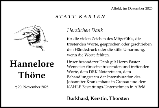 Traueranzeige von Hannelore Thöne von Hildesheimer Allgemeine Zeitung