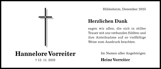 Traueranzeige von Hannelore Vorreiter von Hildesheimer Allgemeine Zeitung