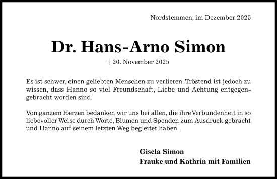 Traueranzeige von Hans-Arno Simon von Hildesheimer Allgemeine Zeitung