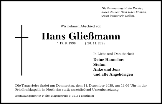 Traueranzeige von Hans Gließmann von Hildesheimer Allgemeine Zeitung