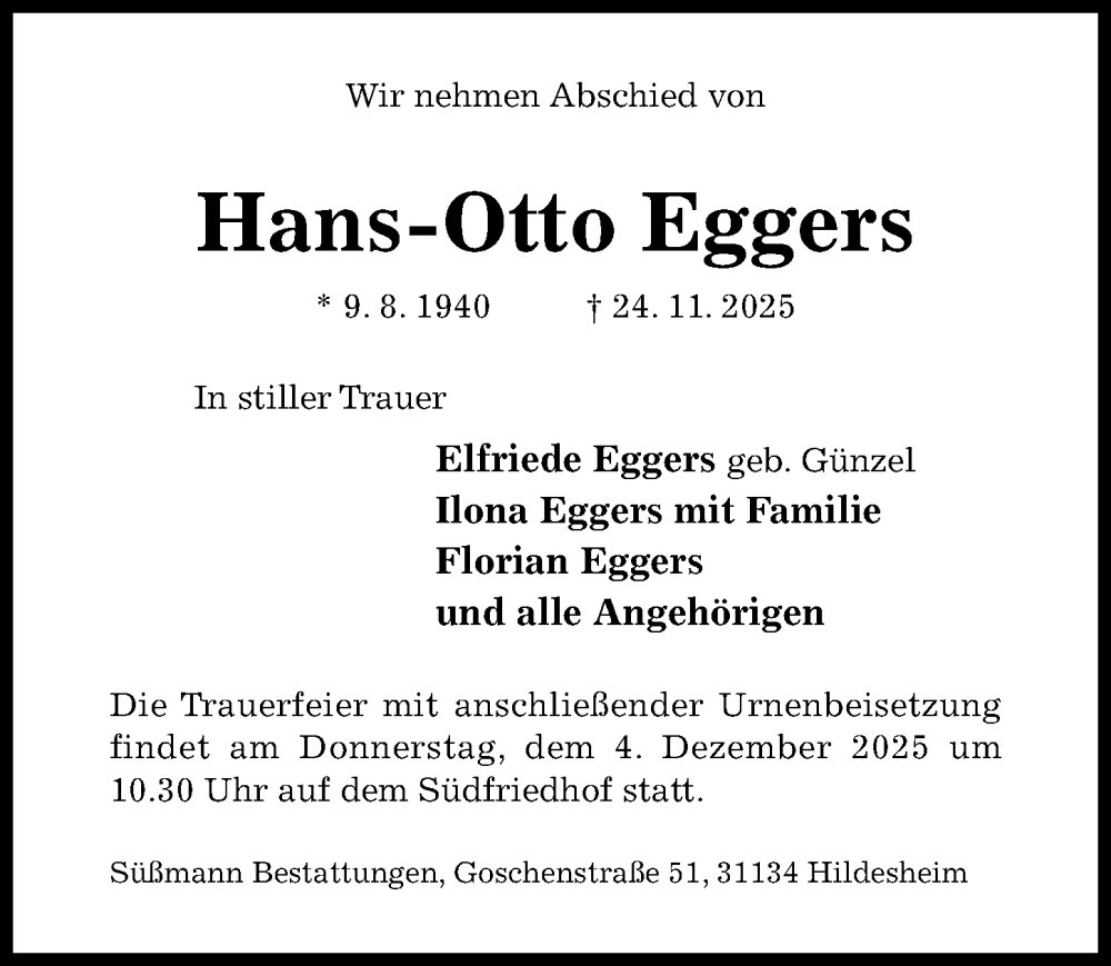  Traueranzeige für Hans-Otto Eggers vom 03.12.2025 aus Hildesheimer Allgemeine Zeitung