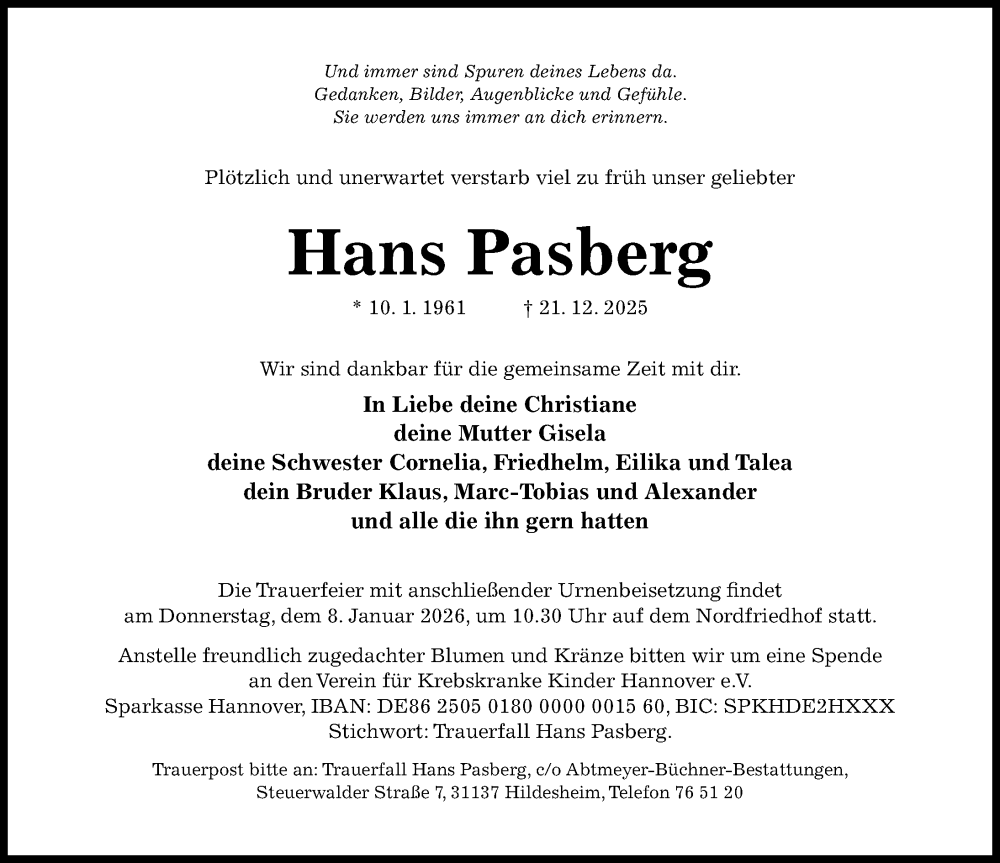  Traueranzeige für Hans Pasberg vom 31.12.2025 aus Hildesheimer Allgemeine Zeitung