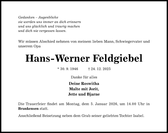 Traueranzeige von Hans-Werner Feldgiebel von Hildesheimer Allgemeine Zeitung