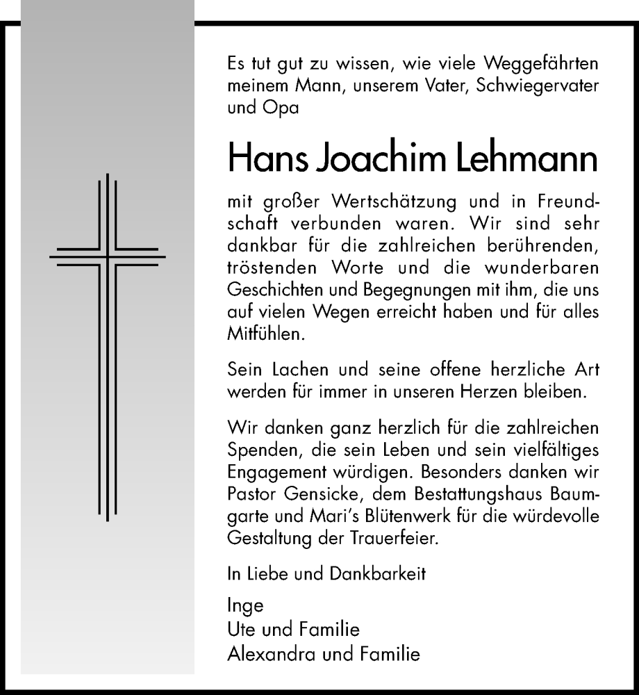  Traueranzeige für Hans Joachim Lehmann vom 20.12.2025 aus Hildesheimer Allgemeine Zeitung