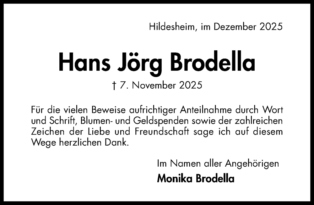  Traueranzeige für Hans Jörg Brodella vom 17.12.2025 aus Hildesheimer Allgemeine Zeitung