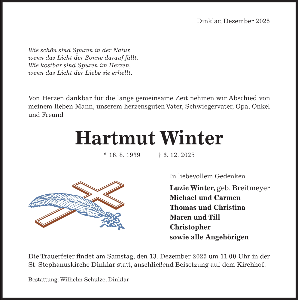  Traueranzeige für Hartmut Winter vom 10.12.2025 aus Hildesheimer Allgemeine Zeitung