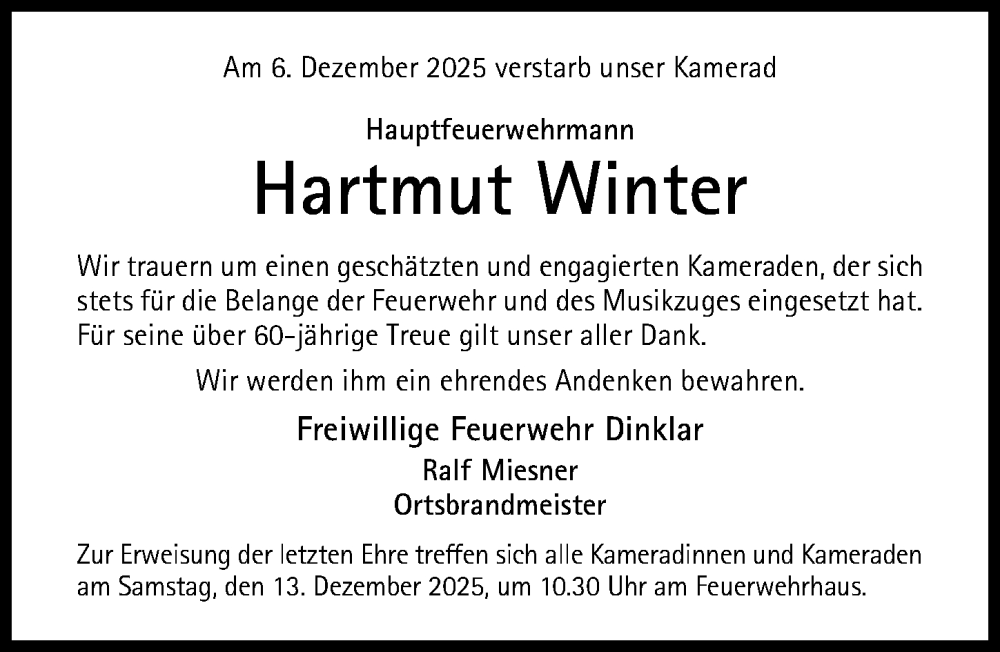  Traueranzeige für Hartmut Winter vom 10.12.2025 aus Hildesheimer Allgemeine Zeitung