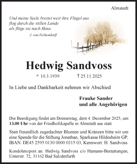 Traueranzeige von Hedwig Sandvoss von Hildesheimer Allgemeine Zeitung