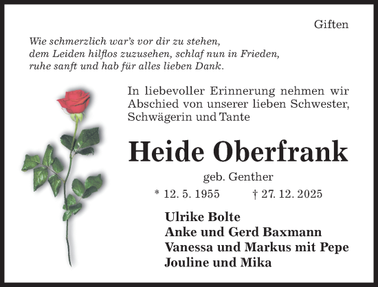 Traueranzeige von Heide Oberfrank von Hildesheimer Allgemeine Zeitung