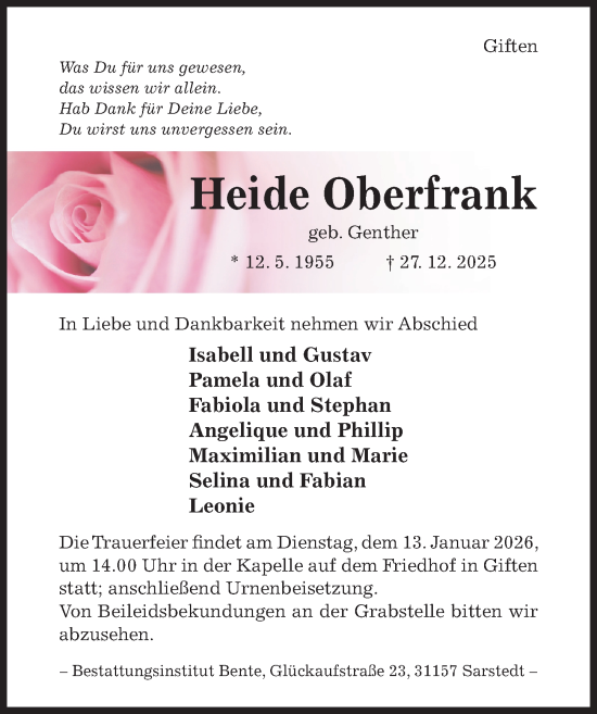 Traueranzeige von Heide Oberfrank von Hildesheimer Allgemeine Zeitung