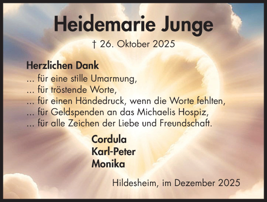 Traueranzeige von Heidemarie Junge von Hildesheimer Allgemeine Zeitung