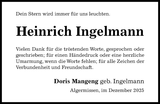 Traueranzeige von Heinrich Ingelmann von Hildesheimer Allgemeine Zeitung