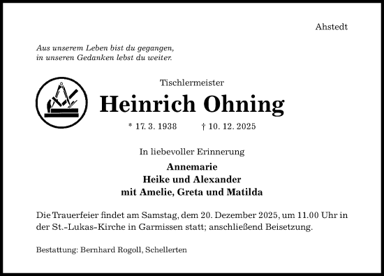 Traueranzeige von Heinrich Ohning von Hildesheimer Allgemeine Zeitung