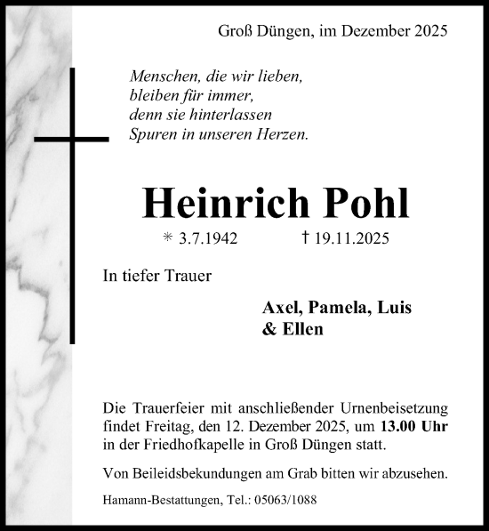 Traueranzeige von Heinrich Pohl von Hildesheimer Allgemeine Zeitung