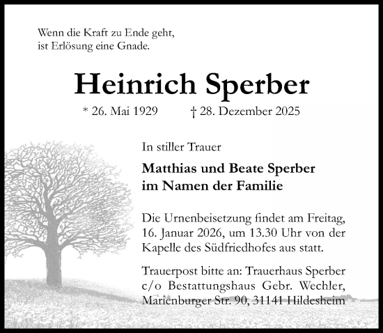 Traueranzeige von Heinrich Sperber von Hildesheimer Allgemeine Zeitung