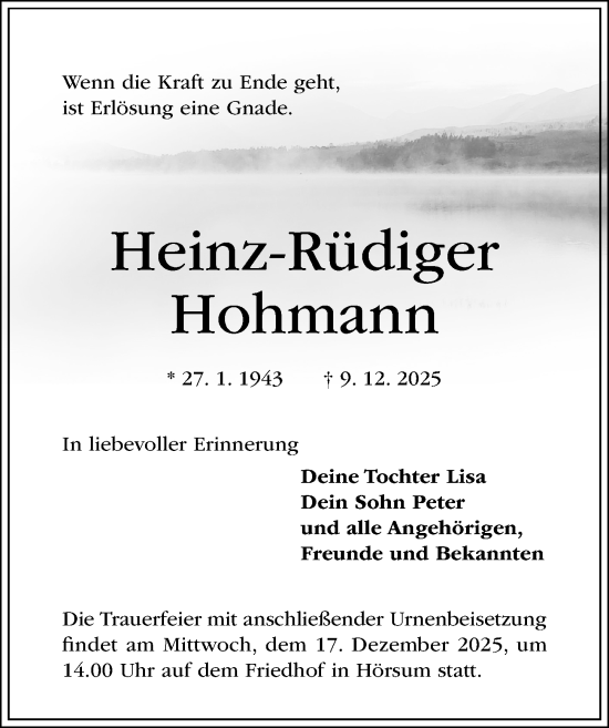 Traueranzeige von Heinz-Rüdiger Hohmann von Hildesheimer Allgemeine Zeitung