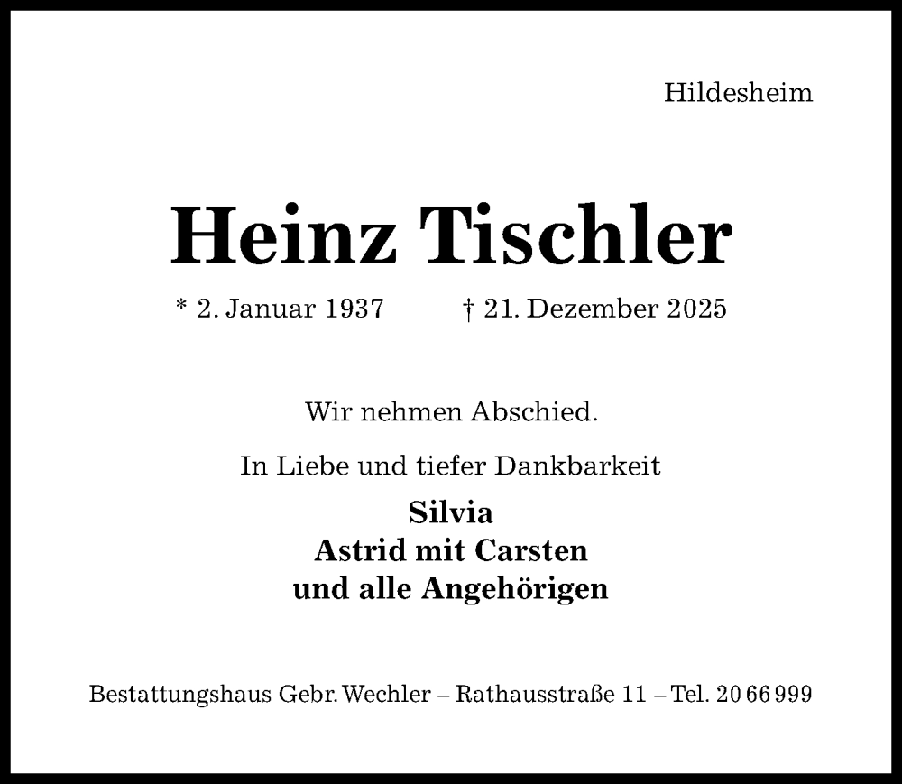  Traueranzeige für Heinz Tischler vom 27.12.2025 aus Hildesheimer Allgemeine Zeitung