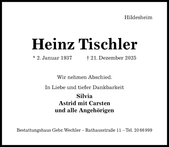 Traueranzeige von Heinz Tischler von Hildesheimer Allgemeine Zeitung