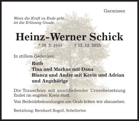 Traueranzeige von Heinz-Werner Schick von Hildesheimer Allgemeine Zeitung