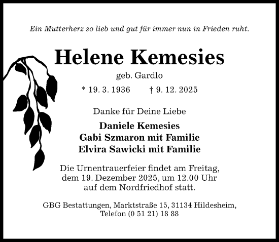 Traueranzeige von Helene Kemesies von Hildesheimer Allgemeine Zeitung