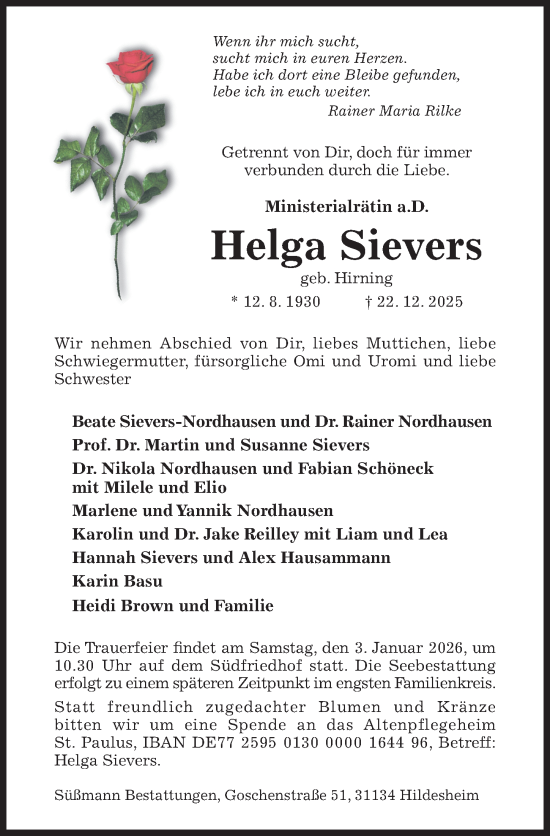 Traueranzeige von Helga Sievers von Hildesheimer Allgemeine Zeitung