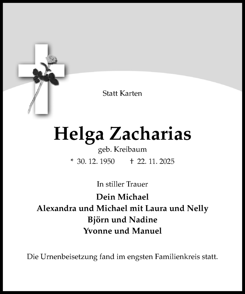  Traueranzeige für Helga Zacharias vom 20.12.2025 aus Hildesheimer Allgemeine Zeitung