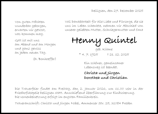 Traueranzeige von Henny Quintel von Hildesheimer Allgemeine Zeitung