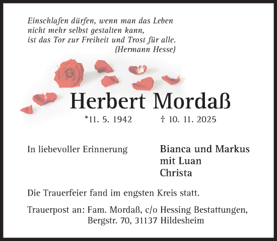 Traueranzeige von Herbert Mordaß von Hildesheimer Allgemeine Zeitung