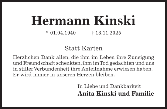 Traueranzeige von Hermann Kinski von Hildesheimer Allgemeine Zeitung