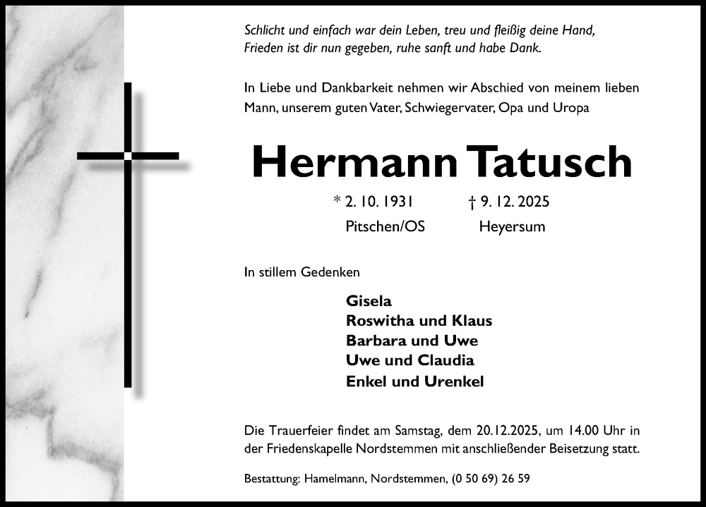 Traueranzeige für Hermann Tatusch vom 13.12.2025 aus Hildesheimer Allgemeine Zeitung