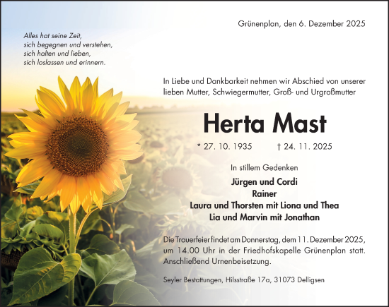 Traueranzeige von Herta Mast von Hildesheimer Allgemeine Zeitung