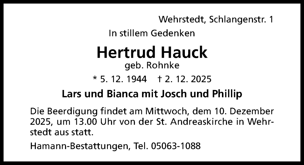  Traueranzeige für Hertrud Hauck vom 06.12.2025 aus Hildesheimer Allgemeine Zeitung
