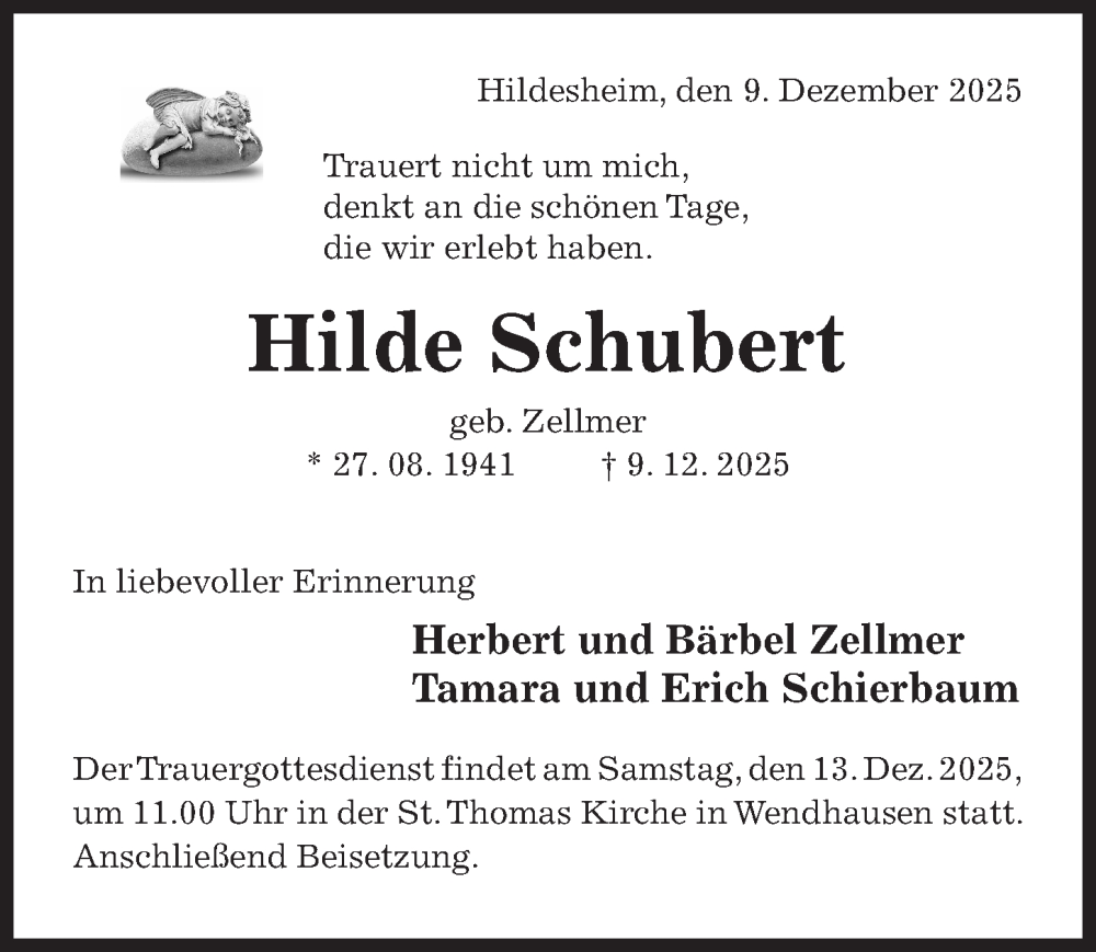  Traueranzeige für Hilde Schubert vom 12.12.2025 aus Hildesheimer Allgemeine Zeitung