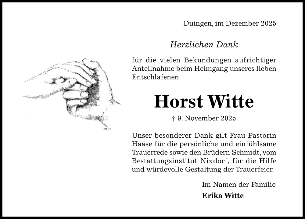 Traueranzeige für Horst Witte vom 06.12.2025 aus Hildesheimer Allgemeine Zeitung