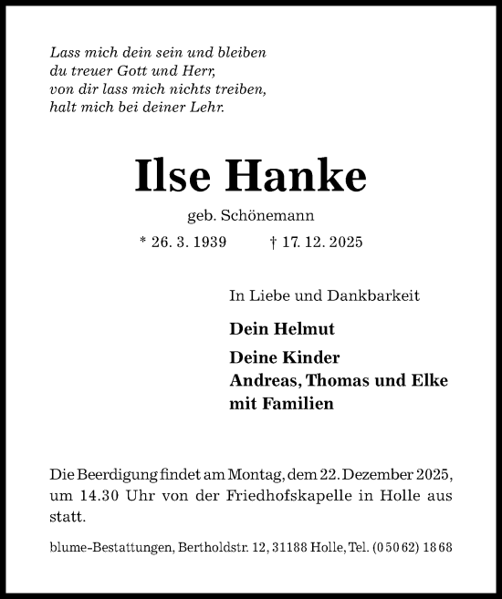 Traueranzeige von Ilse Hanke von Hildesheimer Allgemeine Zeitung