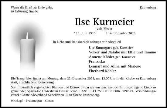 Traueranzeige von Ilse Kurmeier von Hildesheimer Allgemeine Zeitung
