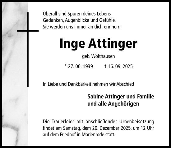 Traueranzeige von Inge Attinger von Hildesheimer Allgemeine Zeitung