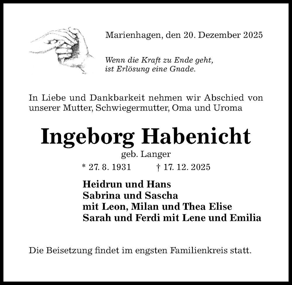  Traueranzeige für Ingeborg Habenicht vom 20.12.2025 aus Hildesheimer Allgemeine Zeitung