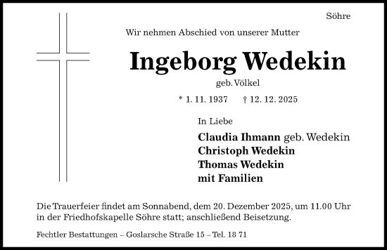 Traueranzeige von Ingeborg Wedekin von Hildesheimer Allgemeine Zeitung