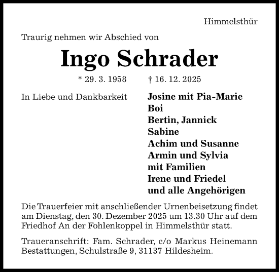 Traueranzeige von Ingo Schrader von Hildesheimer Allgemeine Zeitung