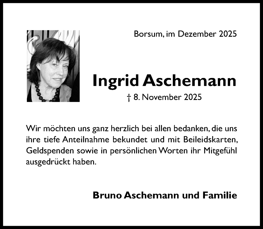  Traueranzeige für Ingrid Aschemann vom 24.12.2025 aus Hildesheimer Allgemeine Zeitung