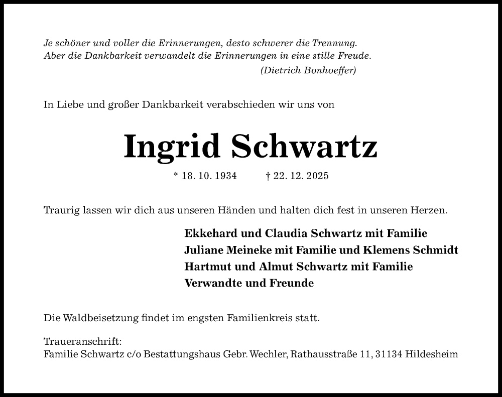  Traueranzeige für Ingrid Schwartz vom 31.12.2025 aus Hildesheimer Allgemeine Zeitung