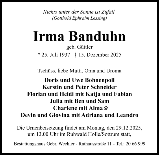 Traueranzeige von Irma Banduhn von Hildesheimer Allgemeine Zeitung