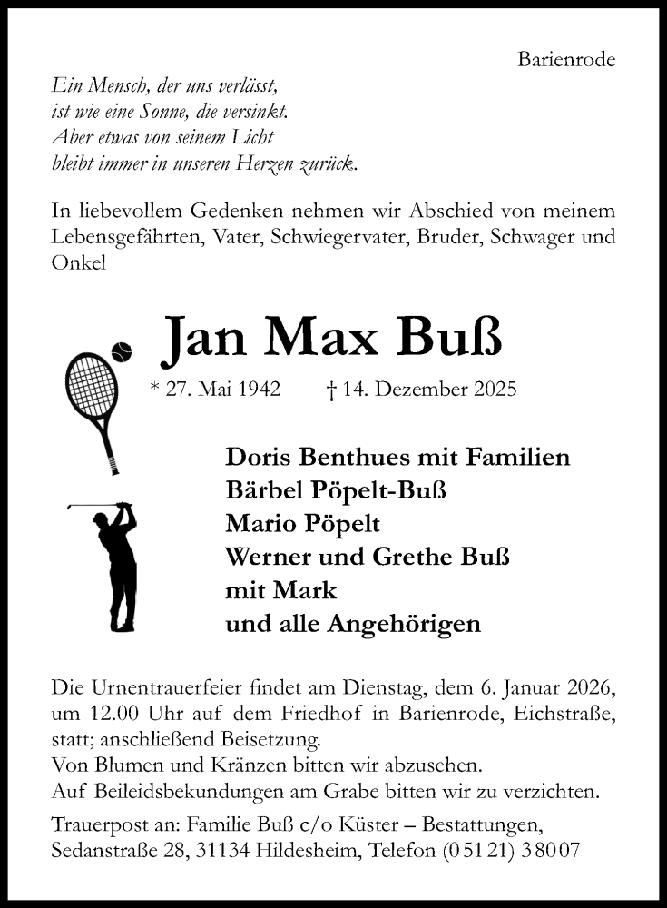  Traueranzeige für Jan Max Buß vom 24.12.2025 aus Hildesheimer Allgemeine Zeitung