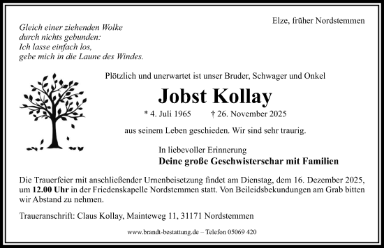 Traueranzeige von Jobst Kollay von Hildesheimer Allgemeine Zeitung