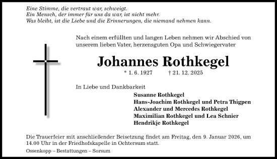 Traueranzeige von Johannes Rothkegel von Hildesheimer Allgemeine Zeitung