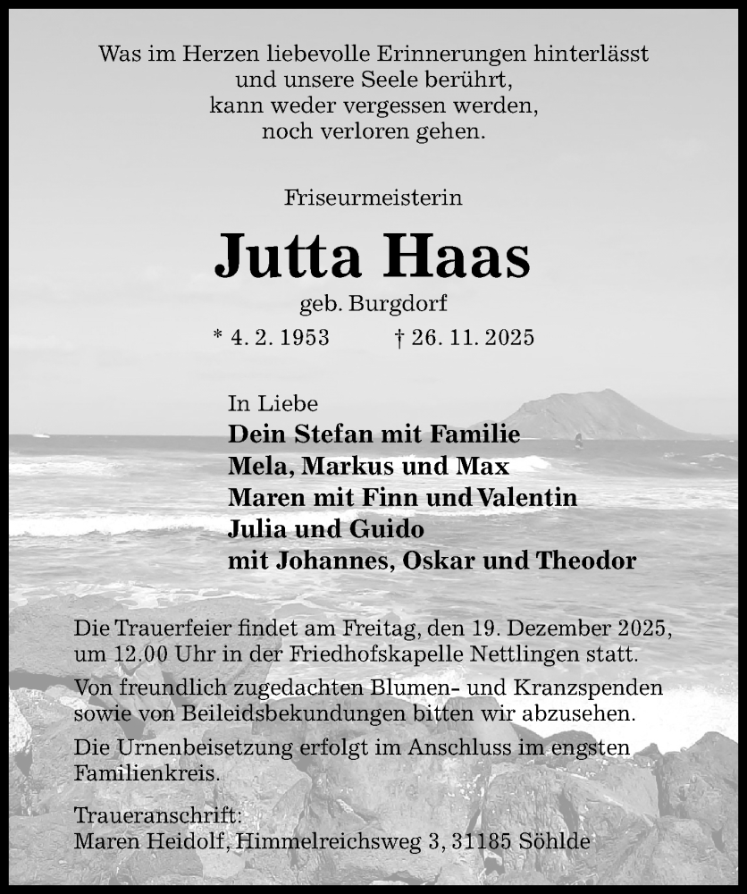  Traueranzeige für Jutta Haas vom 06.12.2025 aus Hildesheimer Allgemeine Zeitung