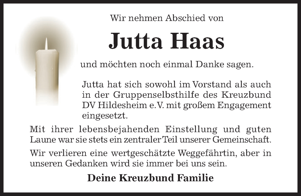  Traueranzeige für Jutta Haas vom 13.12.2025 aus Hildesheimer Allgemeine Zeitung